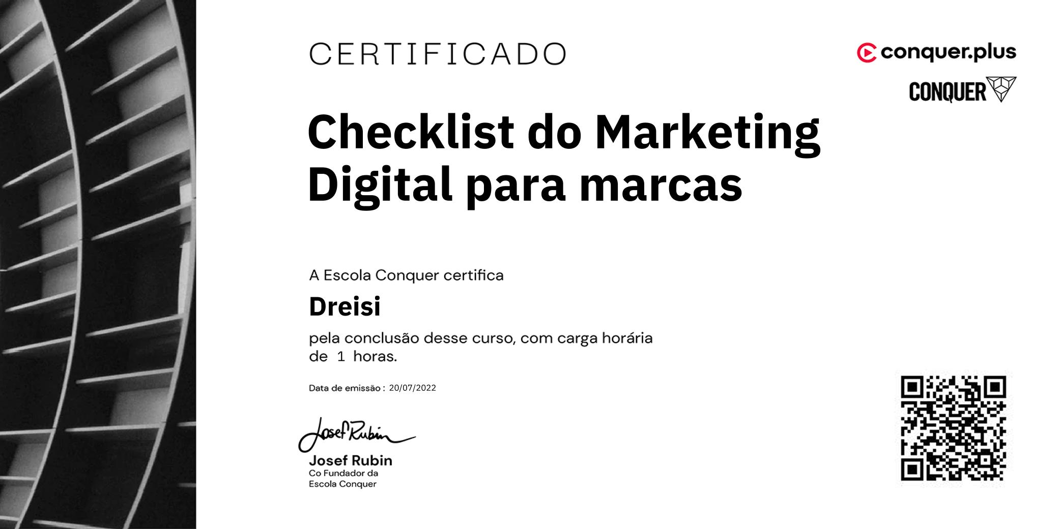 Certificado de Checklist do Marketing Digital para marcas